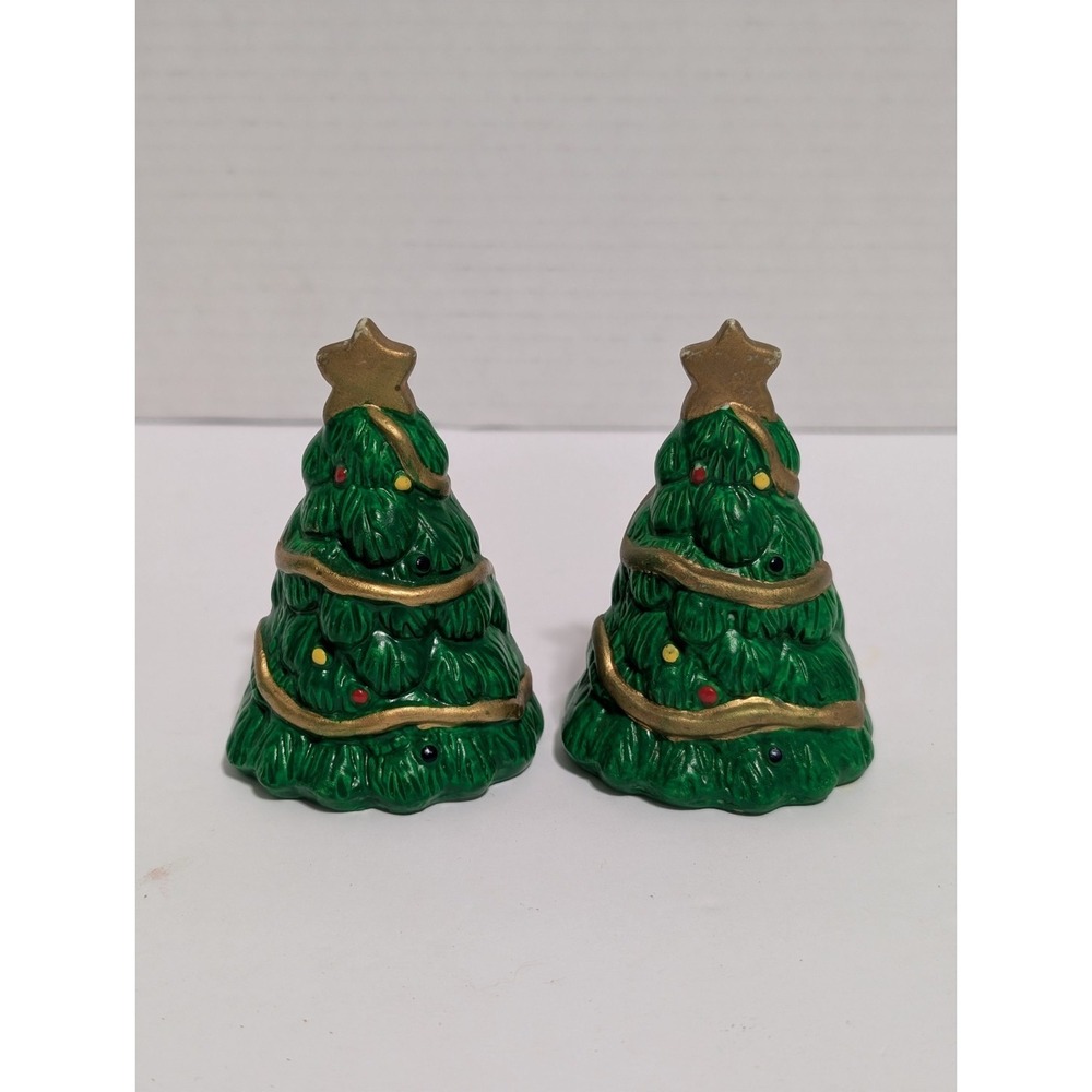 Vintage Green Ceramic Christmas Tree Salt and Pepper Shakers 3 inches